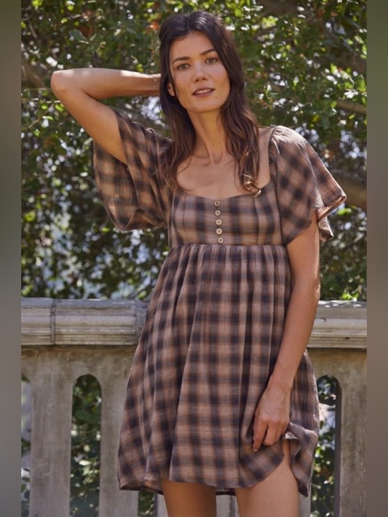 By Together Dresses & Skirts - By Together Brown and Black Plaid Short Sleeve Babydoll Dress